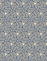 Knotted blue and white lines. Modern graphic abstract template. Elegant Japanese style. Seamless geometric pattern. Decorative monochrome illustration for fabric, wrapping paper, print, and web.