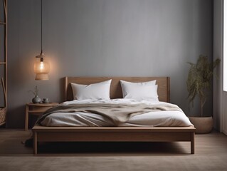 Fototapeta na wymiar A wooden bed frame with a simple and elegant design, paired with crisp white bedding and minimalist decor