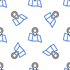 Line Folded map with location marker icon isolated seamless pattern on white background. Colorful outline concept. Vector