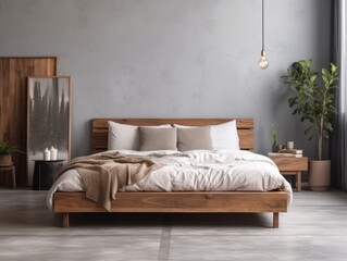 A wooden bed frame with a simple and elegant design, paired with crisp white bedding and minimalist decor