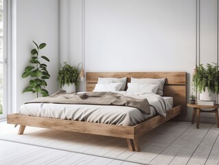A wooden bed frame with a simple and elegant design, paired with crisp white bedding and minimalist decor