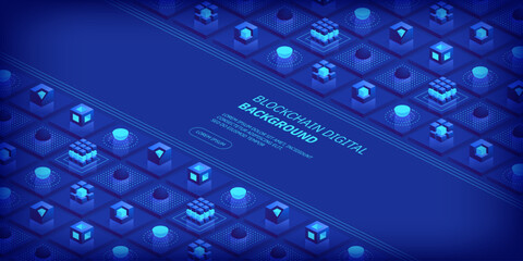 Fototapeta na wymiar Blockchain concept. Digital blocks connect with each other and shapes crypto chain. Blocks or cubes, connection consists of digital data. Digital network technology. Isometric vector background