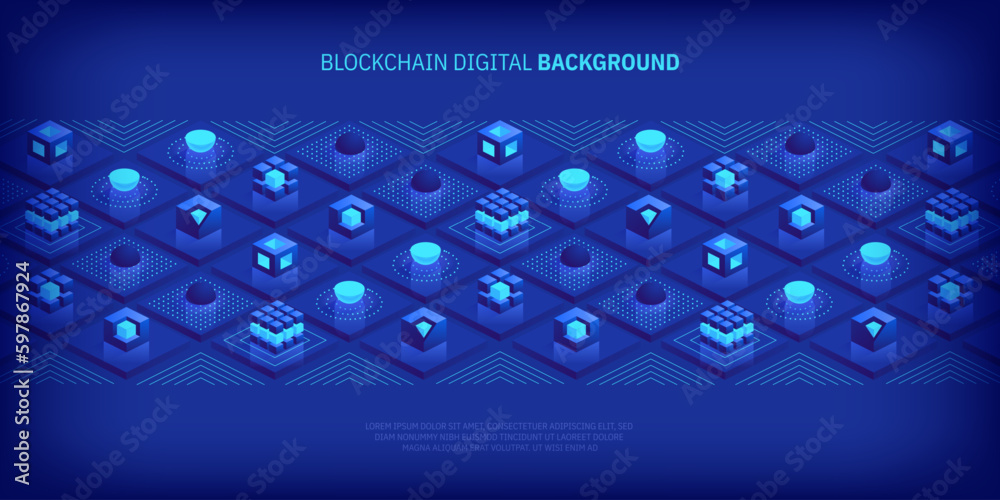 Poster blockchain concept. digital blocks connect with each other and shapes crypto chain. blocks or cubes,