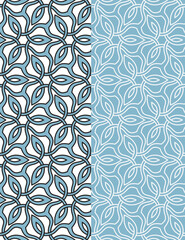 Abstract floral composition with interlaced curved blue lines on a white background. Retro style grid. Seamless repeating pattern. Ornamental graphic texture for fabrics, wrapping, print, and web.