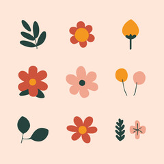 Simple hand drawn various shapes and doodle flowers and leaves