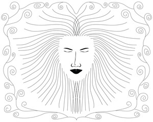 black and white pencil sketch vector design of a woman's face seen from the front with lines surrounding her face looking like hair and on the sides there are frames that look like carvings and symbol