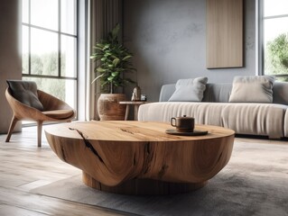 Fototapeta na wymiar A wooden coffee table with a unique and abstract shape, surrounded by a modern sofa and chairs