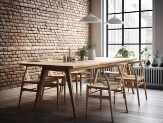 Obraz premium A sleek and minimalistic wooden dining table with matching chairs, set against a white brick wall