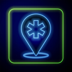 Glowing neon Medical map pointer with cross hospital icon isolated on blue background. Vector