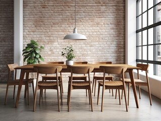 A sleek and minimalistic wooden dining table with matching chairs, set against a white brick wall