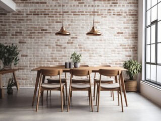 A sleek and minimalistic wooden dining table with matching chairs, set against a white brick wall