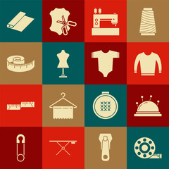 Set Tape measure, Needle bed and needles, Sweater, Sewing machine, Mannequin, Textile fabric roll and Baby clothes icon. Vector