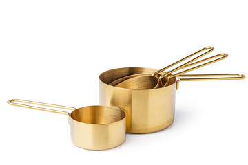 Metal measuring cups on white background