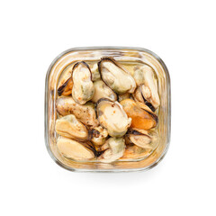 Marinated mussels in glass bowl on white background