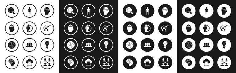 Set Human head puzzles strategy, Time Management, with gear inside, User of business suit, Target arrow, Light bulb and check mark and Piece icon. Vector