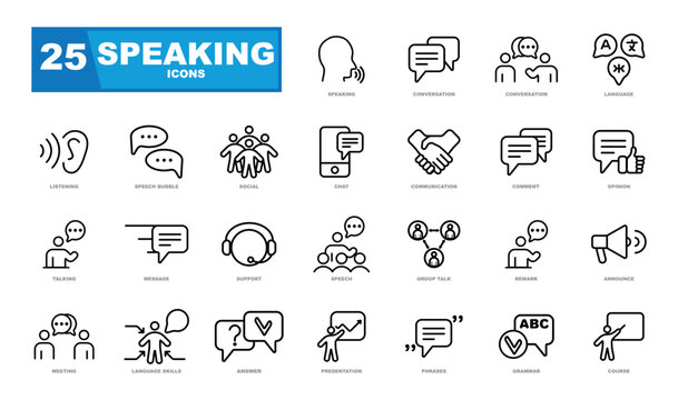 Speaking icons collection. Talk, speech, discussion, dialog, speaking, chat, conference, meeting icon set in thin line style