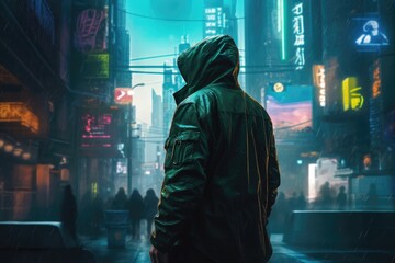 Fototapeta na wymiar Futuristic cityscape at night, with a neon green and blue color scheme and a person wearing a cyberpunk jacket. Generative AI