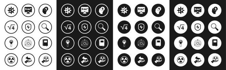 Set Head and electric symbol, Secure shield with lightning, Square root of 4 glyph, Virus, Magnifying glass, Equation solution, Book and Test tube flask icon. Vector