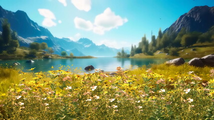 Fototapeta na wymiar wild flowers on field on horizon Mountains and trees , blue sky with white clouds floral nature landscape,generated ai