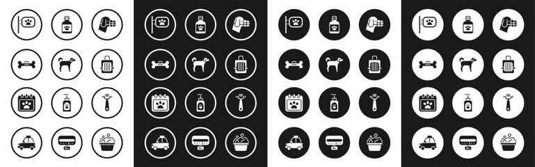 Set Dog in muzzle, bone, Pet grooming, carry case, medicine bottle, Hair brush for dog and cat and Calendar icon. Vector