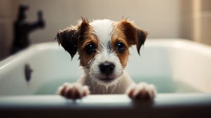 Cute Puppy Soaking in Bathtub Bliss