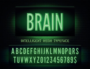 Night light glow font with numbers. Brain sign with green narrow neon alphabet on dark brick wall background. Vector illustration