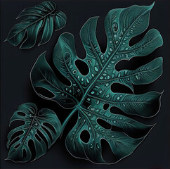 Leaf monstera wet pattern on a dark background at green colors. Generated AI. Illustration for design, poster or print