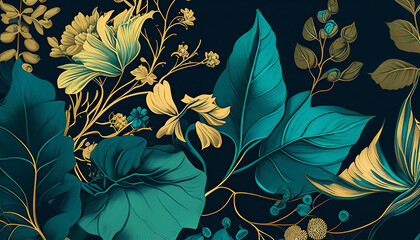 Leaf and flowers pattern on a black background at green and gold colors generated AI. Illustration for design, postcard or print.
