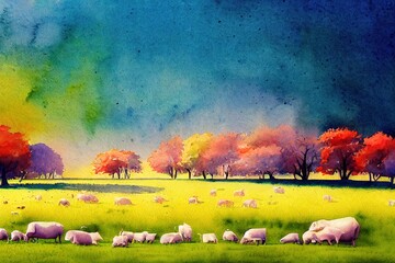 Watercolor effect. Grazing animals in the natural environment. Generative AI