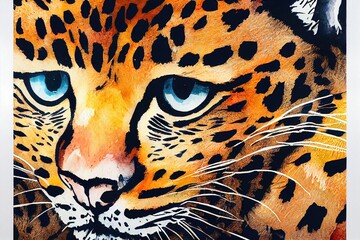 Watercolor set with wild cats. Leopard, serval, snow leopard, caracal, lynx, puma, cougar, panther, lion, tiger, jaguar, cheetah, Pallas cat, ocelot, the domestic cat. Hand drawn poster. Generative AI