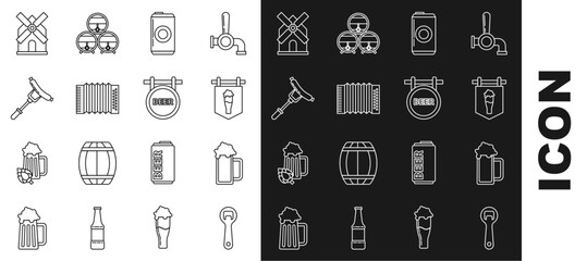 Set line Bottle opener, Glass of beer, Street signboard with glass, Beer can, Musical instrument accordion, Sausage the fork, Windmill and inscription icon. Vector