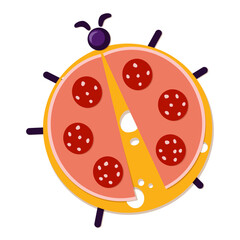 Ladybug made from cheese, boiled sausage, salami and black olives. isolated figure on white background cutout. Food.