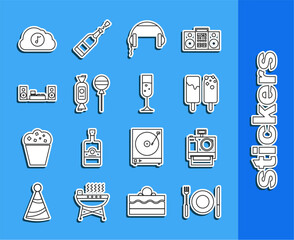 Set line Plate, fork and knife, Photo camera, Ice cream, Headphones, Lollipop, Home stereo with two speakers, Music streaming service and Glass of champagne icon. Vector