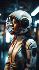 Fototapeta premium Young Beautiful , stunning astronaut, first of her kind, anticipates the launch. In her spacesuit, she stands, ready to make history and explore the mysteries of outer space. Generative AI 