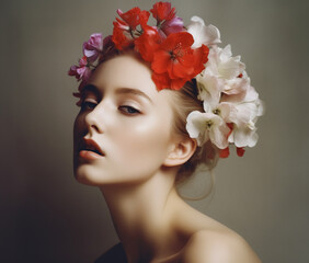 Fototapeta premium Beautiful young woman with floral wreath. AI generated image.
