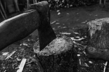 Axe on the log. Harvesting firewood in the village with hatchet. The timber on the ground in the countryside. House of farmer and woodcutter. Power of vintage eco farm. Black and white retro.