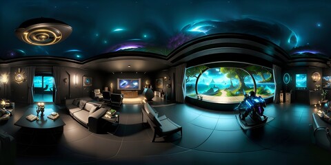 360 degrees panorama of a futuristic living room with a fish tank