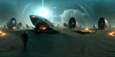360 degrees panorama of a sci - fi strange futuristic scene