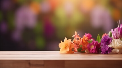 Empty wooden table on flower background, Desk of free space for product display