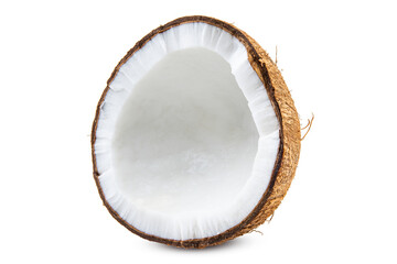 Coconut. Fresh half cracked coconut. Nut good for shredded coconut. Palm trees oil for cooking. Do a coconut milk for drinking. Food photography. PNG Isolated background. High resolution photo