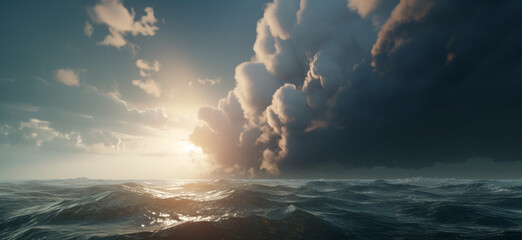A beautiful photograph of the sunlight breaking through the clouds, into the crashing, powerful waves of the sea