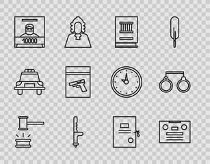 Set line Judge gavel, Retro audio cassette tape, Law book, Police rubber baton, Wanted poster, Evidence bag and pistol or gun, Lawsuit paper and Handcuffs icon. Vector