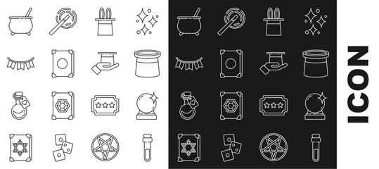 Set line Bottle with love potion, Magic ball, Magician hat, and rabbit ears, Ancient magic book, Carnival garland flags, Witch cauldron and in hand icon. Vector