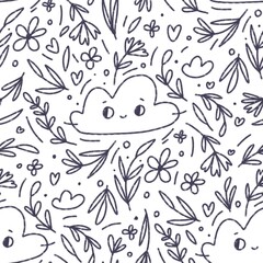 seamless pattern with cute clouds, flowers and leaves