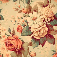A beautiful, vintage wallpaper design with floral elements of pink roses and green leaves.