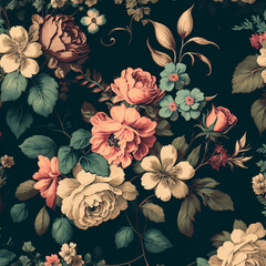 A beautiful, vintage wallpaper design with floral elements of pink roses and green leaves with a black background.