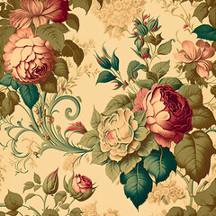 A beautiful, vintage wallpaper design with floral elements of pink roses and green leaves.