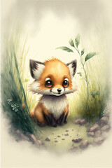 Fototapeta na wymiar A lovely watercolour painting of a cute young fox, in a storybook style. Cute smile, big brown eyes, looking at the camera.