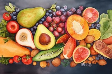 ripe and juicy fruits and vegetables background, watercolor -Ai
