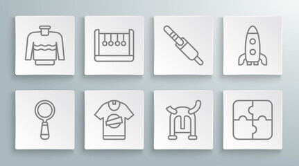 Set line Magnifying glass, Pendulum, T-shirt, Viking horned helmet, Piece of puzzle, Audio jack, Rocket ship and Sweater icon. Vector